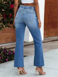 Jeans de tiro alto y pierna acampanada de estilo casual y minimalista para uso diario - Azul lavado medio - Ver 2