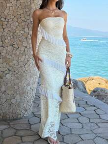 Unadoll 女士春季性感无肩带蕾丝提花面料优雅连衣裙，适合约会、婚礼、度假、派对、生日、情人节等场合。 - 黃色 - 查看 7