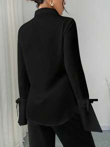 女士长袖单排扣褶皱缎带装饰纯色衬衫 黑色 春季 - 黑色 - 查看 3