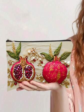 1 pieza Elegante bolsa de maquillaje plegable ligera con diseño de granadas y líneas doradas, bolsa de cosméticos de poliéster para viajes para mujeres, diseño de estampado amarillo brillante, bolsa de aseo de gran capacidad para viajes, artículos esenciales para vacaciones