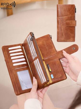 CHARM INFINITE RFID Blocking Large Capacity Women's Wallet - Solid Color Soft Leather Multifunctional Clutch Double Zipper Three-Layer Long Wallet Unisex Gift For Women/Teachers Money Wallet Purse Wallet