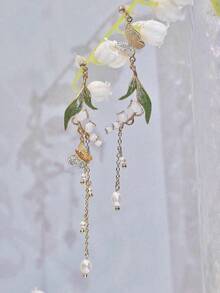 2pcs Fashionable, Sweet, Romantic, Delicate Metal Maxi Butterfly, Lily Of The Valley & Leaf Tassel Earrings, Suitable For Women's Daily, Vacation, Party Wear - Multicolor - View 5