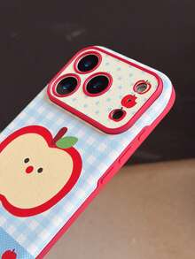 苹果图案单件装简约可爱蓝色格子苹果设计手机壳，兼容 16 Pro Max、15、14、13 Pro，全包防摔保护套 - 彩色 - 查看 4