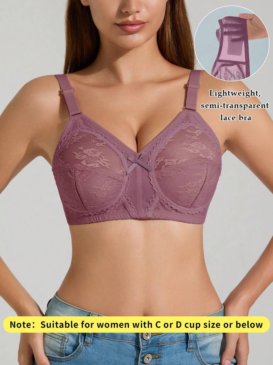 1pc Women's Solid Color Full Coverage Lace Wireless Bra, Sexy Supportive Breathable Thin Lingerie