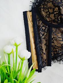 1pc Ins Style Lace Eyelash Lace Irregular Style Waist Cinching Fishbone Steel Ring Buckle Tight Corset Corset Top - Black - View 4