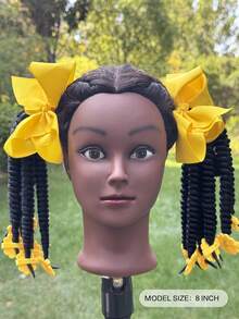 2pcs Kinky Marley Ponytail With Elastic Band Soft Hair Girl Braided With Bow Clip, Flower Clip In The End Ponytail - Black - View 3