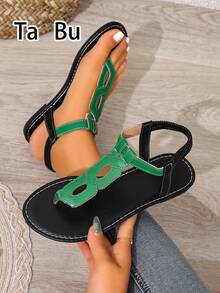 25年时尚女式平底凉鞋，绿色平底凉鞋，黑色平底凉鞋，Z字形设计，柔软舒适的皮革材质 - 綠色 - 查看 2