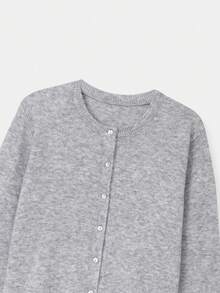 FOR BEAUTY Women's Round Neck Small Shell Button Long Sleeve Knit Cardigan, Casual Warm And Comfortable Solid Light Gray Sweater Jacket, New Year Top - Light Grey - View 9