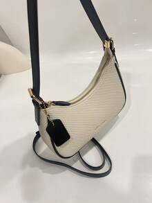 Bolso de hombro de piel de PU de unicolor con diseño gráfico de letra versátil y clásico 2026, adecuado para compras, bolso de axila Y2K, bolso de mano - Blanco y Negro - Ver 4