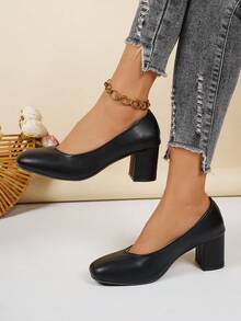 Women's Elegant Simple Round Toe Pumps, Black/Khaki/Beige, Comfortable Chunky Heels For Office, Commute, Party, Suitable For Spring & Autumn, Size 36-43 - Black - View 2
