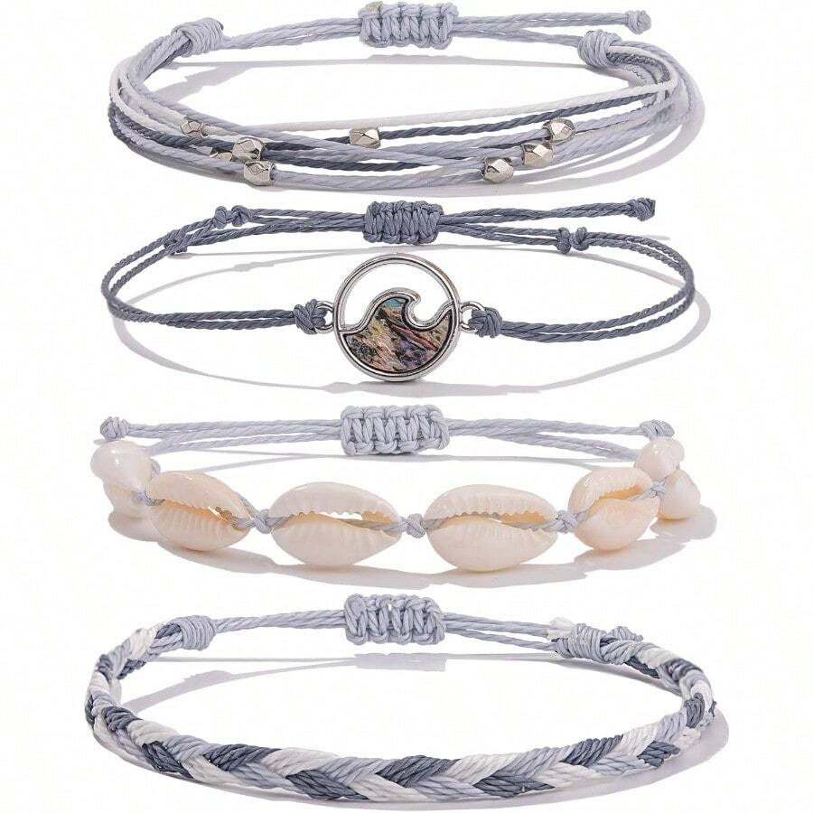 FANCY SHINY Wave String Bracelets Braid Puka Shell Bead Bracelets Handmade Cute Boho Easter Jewelry Gifts For Women - Light Grey - View 1