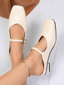 Classic Retro Solid Color Buckle PU Leather Slip-On Shoes, Suitable For Beach, Wedding, Party, Office, Indoor & Outdoor, Spring/Summer - Beige - View 5
