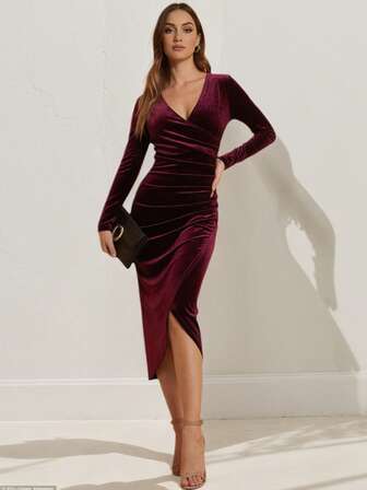 Vestido midi con escote en V, espalda descubierta y cruzado sexy, adecuado para cóctel y vestido de noche