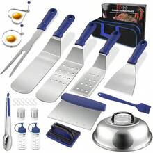 Kit de accesorios para parrilla juego de 23 accesorios para parrilla para chef de campamento accesorios para plancha plana con raspador espatula cubierta de hilado pinzas anillo de - 21 PIEZAS AZULES - Ver 1