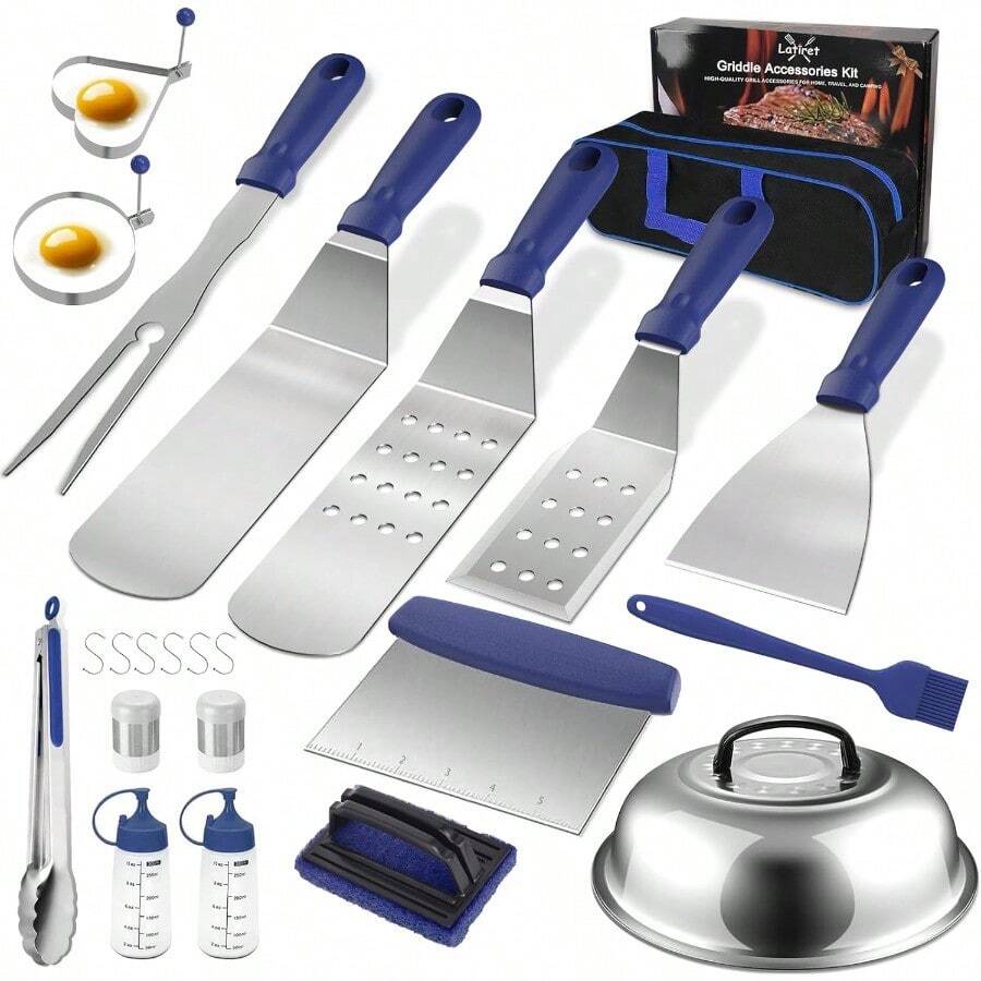 Kit de accesorios para parrilla juego de 23 accesorios para parrilla para chef de campamento accesorios para plancha plana con raspador espatula cubierta de hilado pinzas anillo de - 21 PIEZAS AZULES - Ver 1
