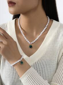 1 Set: 1pc Women's Rhinestone Star Flower Bracelet + 1pc Beaded Flower Necklace, Everyday Jewelry Accessories - Planet Beaded Necklace - View 11