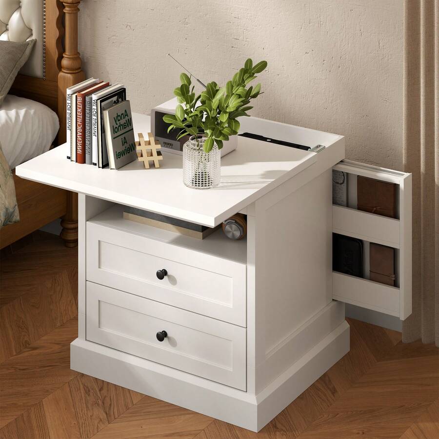 Nightstand With Side Drawer, Night Stand, End Table With Hidden Storage Space, Bedside Table With Open Shelf, 2 Drawers Dresser For Bedroom - White - View 1