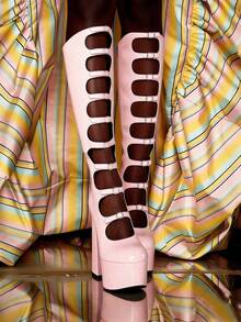 Goth Y2K Platform Knee High Boots For Woman Sexy Hollow Out Buckle Chunky Heels Side Zipper Women's Boots Lolita Dancing Party Shoes - 粉色 - 查看 9