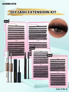 DIY Eyelash Extension Kit - Adhesive, Makeup Remover, Tweezers, Brush And 280/560/600 Pcs Mixed Length 9-16mm D Curl Cluster False Eyelashes, Natural & Lightweight Reusable Individual Lashes - Multicolor - View 1