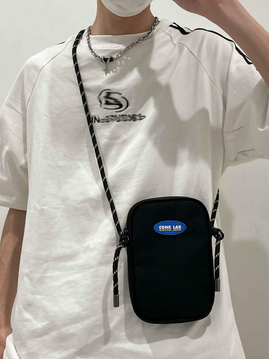 男士字母图案休闲斜挎包，日常百搭 - 黑色 - 查看 1