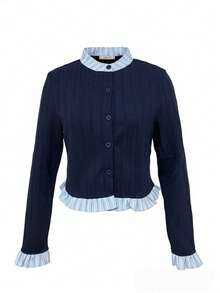 女式圆领长袖上衣，拼接二合一针织开衫