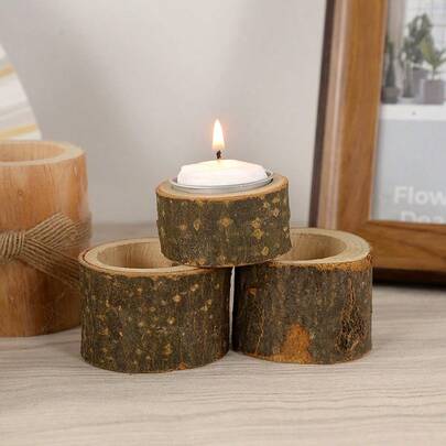 1pc Creative Wooden Candlestick Succulent Plant Pot Tray Candle Holder Table Desktop Decor, Versatile For Valentine's, Rustic Weddings, Birthdays, Table & Home Decor, No Electricity Or Battery Needed, Holiday Themed Tabletop Display