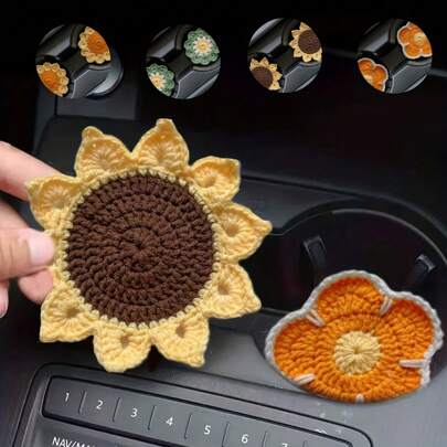1 chiếc đế lót cốc hình hoa hướng dương đan móc - Đế lót cốc ô tô họa tiết hoa đáng yêu, thiết kế vải màu be, làm thủ công, món quà hoàn hảo hoặc phụ kiện trang trí xe hơi.