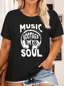 Plus Size Music Soothes My Soul Graphic Tee  Casual Gray Short Sleeve Crew Neck, Soft Polyester Blend, Machine Washable  Ideal For Summer  Spring - 黑色 - 查看 1