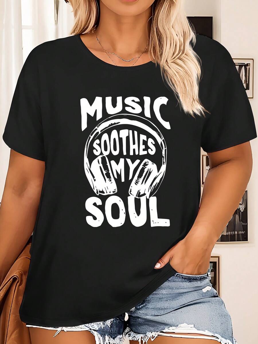 Plus Size Music Soothes My Soul Graphic Tee  Casual Gray Short Sleeve Crew Neck, Soft Polyester Blend, Machine Washable  Ideal For Summer  Spring - 黑色 - 查看 1