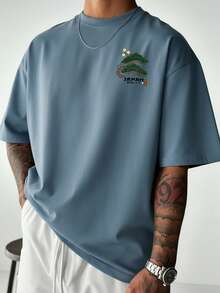 Zrgoth 男士休闲百搭简约日式仙鹤印花短袖T恤 - 霧霾藍 - 查看 2