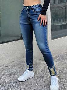 Women's High-Waisted Stretch Skinny Jeans - Hair Edge Waistband Distressed Ripped Ankle Denim Pants, Butt-Lifting Slim Fit Casual Trousers - 深色水洗藍 - 查看 2
