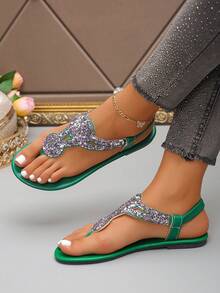 大码 35-45 时尚圆头女士平底凉鞋,夏季露趾锈棕色水钻人字拖轻便女士凉鞋 - 綠色-紫鑽 - 查看 3