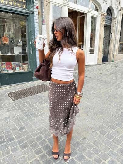 Women Satin Lace Trim Midi Skirt Polka Dot Print High Waist Long A-Line Skirts Vintage Silk Going Out Dress Y2k Streetwear Party Clubwear