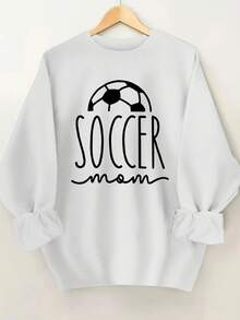 Women's Soccer Mom Pattern Sweatshirt - Black Crew Neck Pullover With Soccer Design, Suitable For Soccer Matches And Training, Casual Mom Clothing Gift - Machine Washable For Daily Wear, Game Day Outfit, Bold Letter Print, Easy Care Clothing For Girls - 白色 - 查看 6