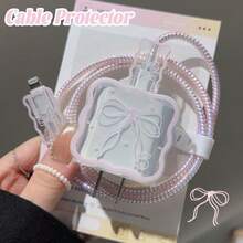 1 Set TPU Soft Case Protector Compatible With Apple Charging Cable & Adapter, Compatible With Apple 18/20W Charger Protective Cover To Prevent Breakage, Comes With Strap For Easy Storage - Pink - View 3