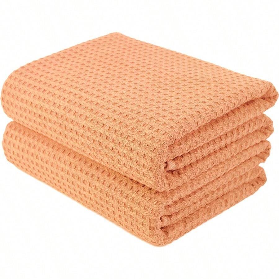 Microfiber Oversize Quick Dry Lint Free Bath Towel 60 X 30 In Set Of 2 Orange Waffle Weave - Orange - View 1