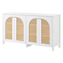 Modern Sideboard In A Minimalist Style, 4 Rattan Doors, Metal Handle, Simple Buffet Cabinet For Dining Room, Living Room, Kitchen (White)