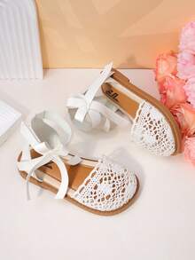 1 Pair Kids Girls Crochet Lace & Bow Detail Lightweight Open Toe Ankle Strap Flat Casual Sandals For Park Play - White - View 5