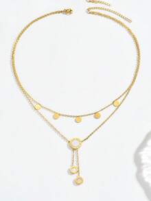 1pc Double Layer Stainless Steel White Roman Numeral Pendant Necklace Elegant Round Disc Tassel Pendant Necklace, Fashionable Everyday Jewelry Suitable For Women For Gift - Gold - View 3