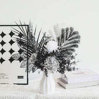 1set/5PCS Elegant Silver Black Table Centerpiece With Artificial Peony, Hydrangea, And Silver Dollar Eucalyptus, Modern Floral Arrangement For Dining Table, Wedding, Christmas Party Decor