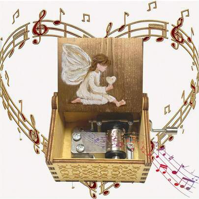 1 szt. Drewniana pozytywka w stylu retro z korbką i uroczym wzorem anioła. To prezent świąteczny dla rodziny i przyjaciół, sióstr i dziewczyn. Nadaje się na prezent urodzinowy, ozdobę domu, prezent walentynkowy, prezent na rocznicę, prezent na przyjęcie.