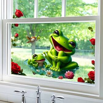 Adesivi per finestre a forma di rana e fiori primaverili - Decalcomanie di animali 2D carini | Decorazione rimovibile per cucina e bagno | Colori vivaci senza residui per primavera/estate