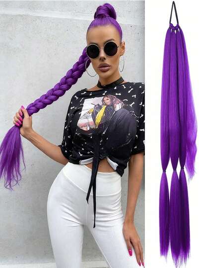 DIY紫色编织马尾辫接发，32英寸长直发环绕式马尾辫接发，自然柔软合成假发，适合女性日常佩戴