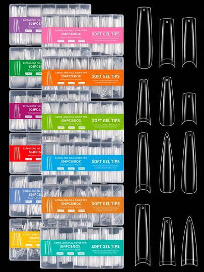 504pcs Coffin/Almond/Oval/Square Medium Transparent False Nails, Includes 12 Sizes Acrylic Artificial Nail Stickers Set, Suitable For Nail Salon And DIY At Home, Press-On Nail Supplies