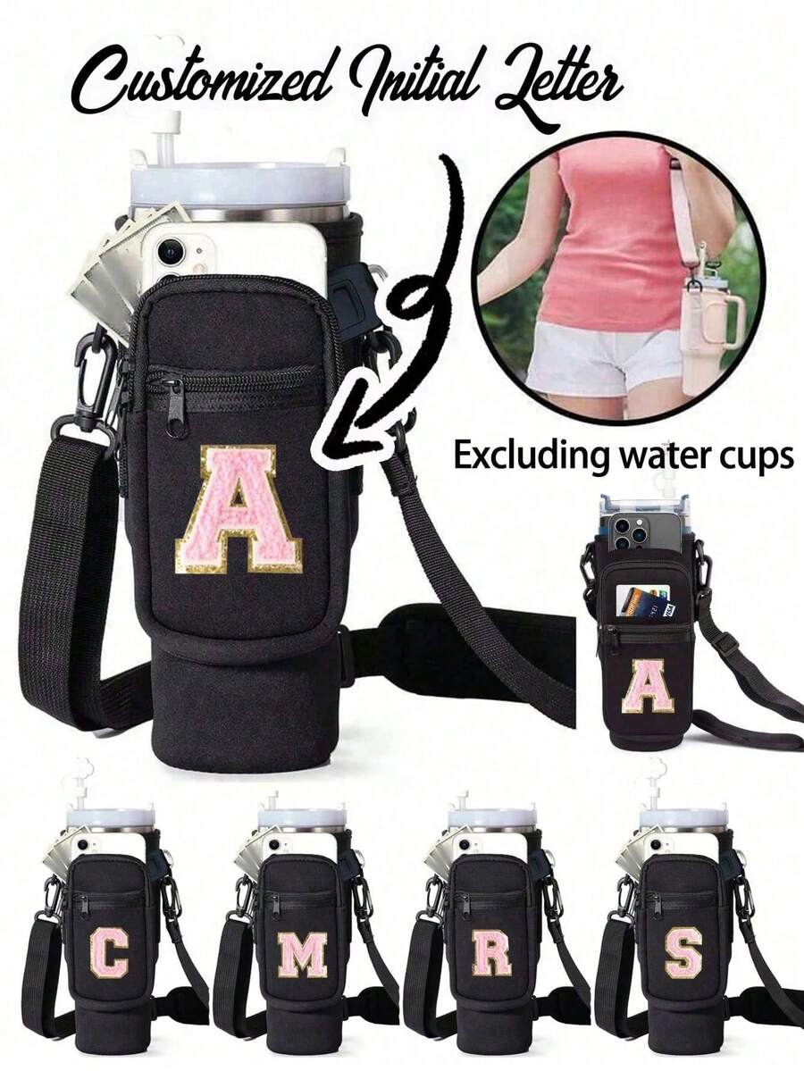 Customized Embroidered Letter Towel And Car Cup Holder, Pink Embroidered Insulated Cup Sleeve, Ice Bucket Cup Holder With Shoulder Strap - Adding A Touch Of Elegance To Every Beverage! Made Of Non-Food Contact Materials. - Multicolor - View 1