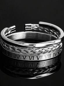 3pcs/Set Vintage Open Twist Mobius Bangle, Stainless Steel Roman Numeral Braided Bracelet Set, Men's Fashion Accessories - Multicolor - View 7