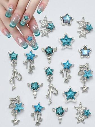 5 st sjöblå nagelkonstberlocker med fem uddar i stjärna, nagelkonst i legering med strass, 3D-stjärnhänge, nageldekorationstillbehör med fem uddar i stjärna.