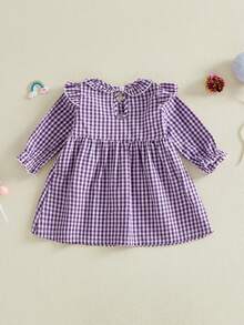 Toddler Girl Mardi Gras Dress Mask Star Embroidery Plaid Print Long Sleeve Ruffle Dress Kids Carnival Holiday Outfit - 紫色 - 查看 2