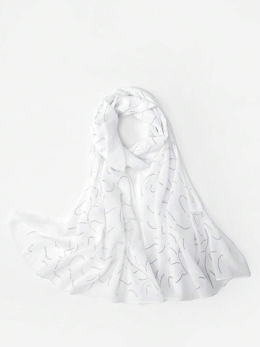 1 buc Eșarfă Hijab din Satin, Culoare Solidă, Model Geometric Asimetric, Decor cu Strasuri, Potrivită pentru Uz Zilnic - alb - Vizualizare 1