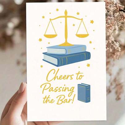 1 pieza Tarjeta de felicitación celebratoria "¡Brindis por aprobar el examen de abogacía!" con sobre (11cm x 16cm / 4.33in x 6.29in) - Diseño de escalas y libro, perfecta para un graduado del examen de abogacía, Tarjeta de felicitación|Tarjeta de celebración por aprobar el examen de abogacía con escalas y libro|Tarjeta de felicitación de papel